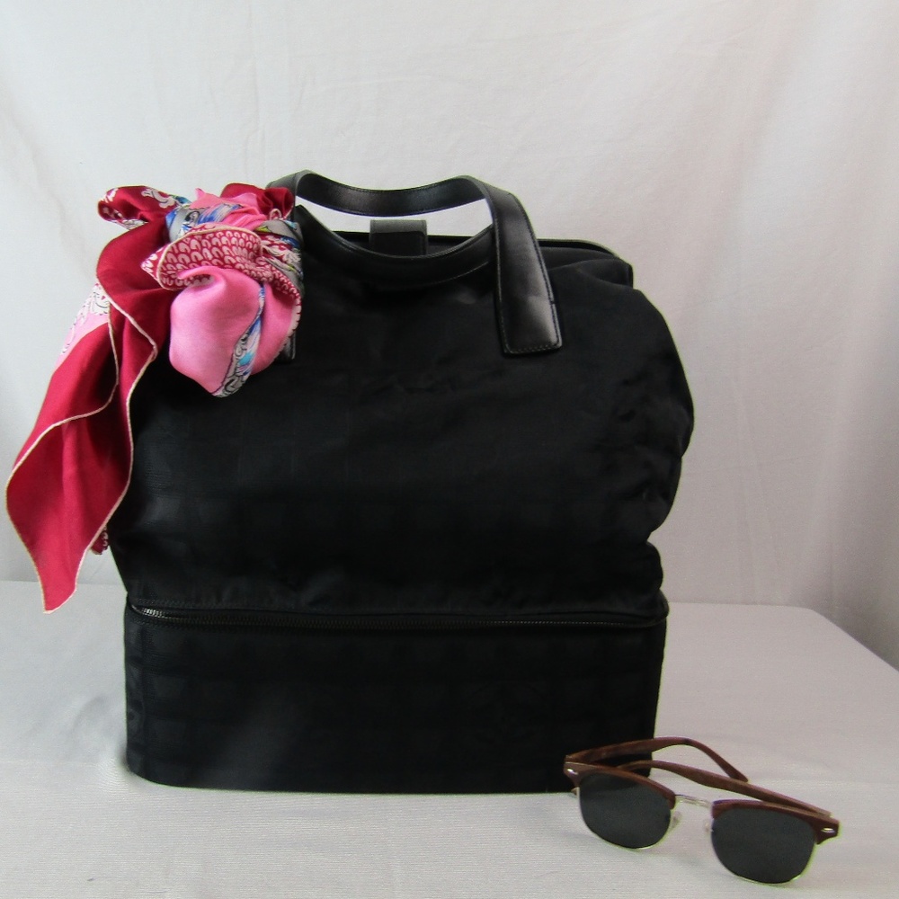 CHANEL Black Bag Travel Line Jacquard Canvas EUC